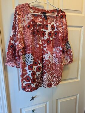 Women's Olsen Red, Pink, White Floral Peasant Blouse